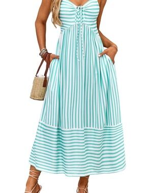 Striped Aqua & White Maxi Sundress with Tie Front
